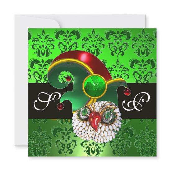 GREEN DAMASK ,JEWEL OWL WITH ELF HAT MONOGRAM