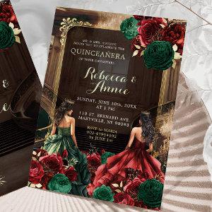 Green Emerald and Burgundy Red Floral Quinceañera