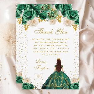 Green Floral Princess Quinceañera Thank You Card