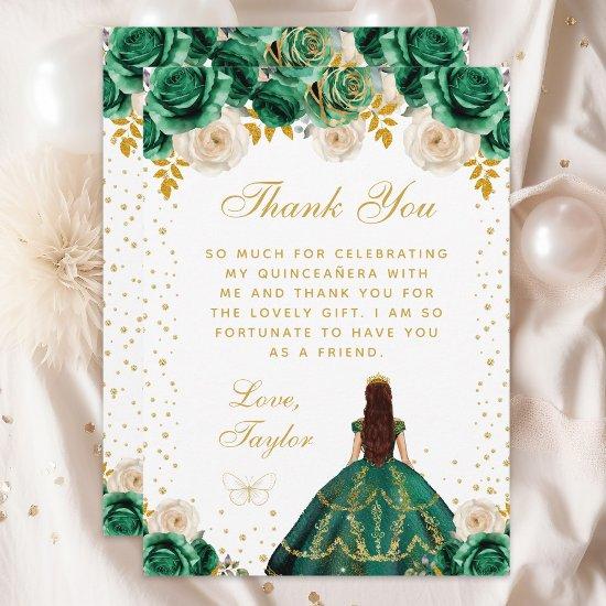 Green Floral Princess Quinceañera Thank You Card