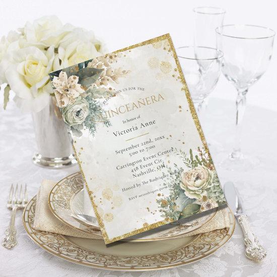 Green Floral Watercolor Gold Rustic Quinceañera