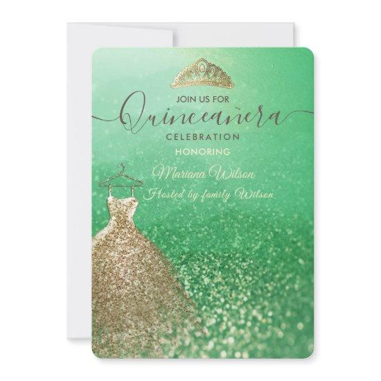 Green glitter chic Gold dress tiara Quinceañera  I