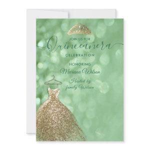 Green glitter chic Gold dress tiara Quinceañera