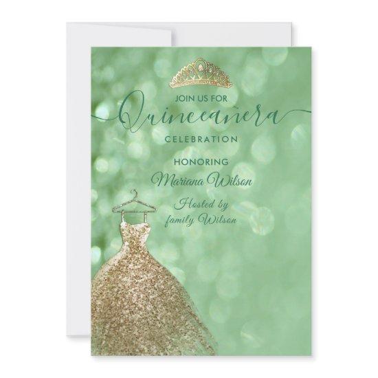 Green glitter chic Gold dress tiara Quinceañera