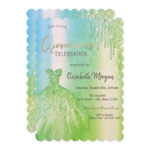 Green Glitter Drips Dress Quinceañera