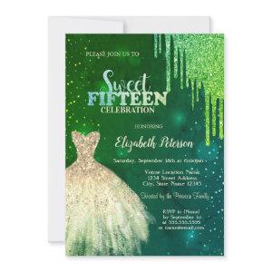 Green Glitter Drips,Gold Dress Stars Quinceanera