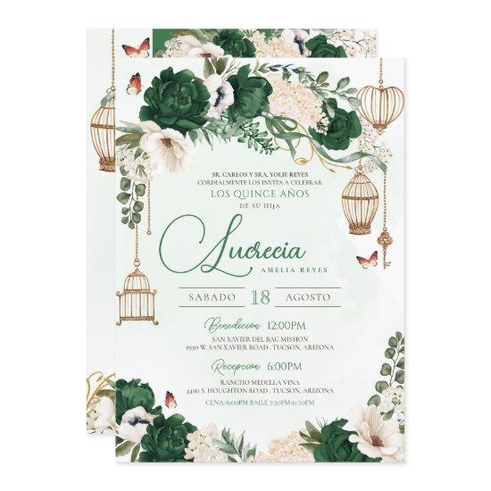 Green Gold Butterfly Floral Elegant Quinceañera
