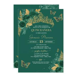 Green & Gold Emerald Floral Butterfly Quinceañera