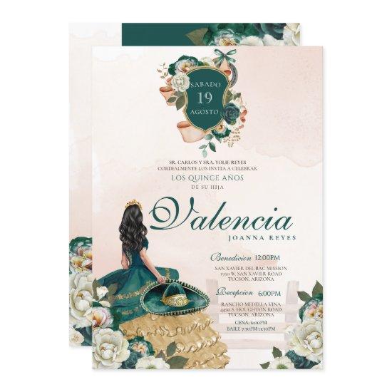 Green Gold Floral Crest Elegant Charra Quinceanera