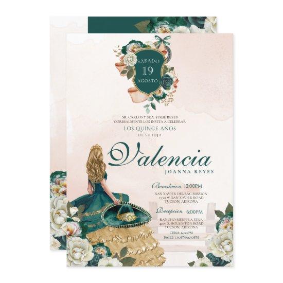 Green Gold Floral Crest Elegant Charra Quinceanera