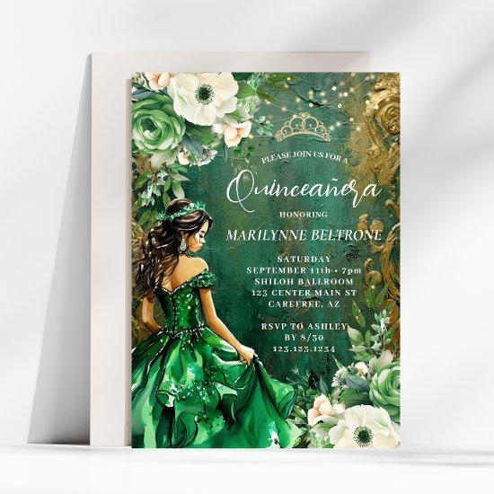 Green Gold Floral Princess Quinceañera