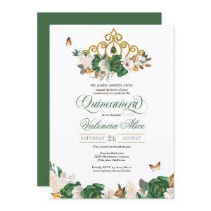 Green & Gold Floral Tiara Butterfly Quinceañera