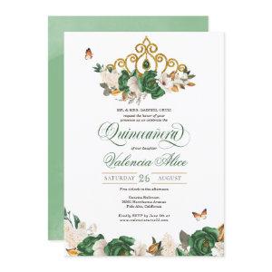 Green & Gold Floral Tiara Butterfly Quinceañera