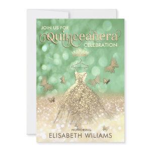 Green Gold glitter dress butterfly  Quinceañera