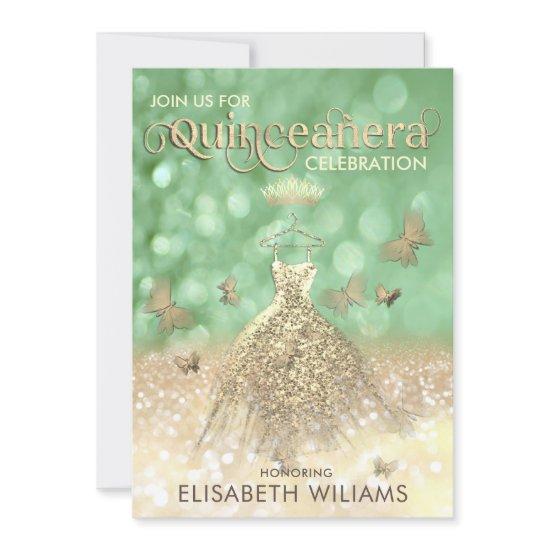 Green Gold glitter dress butterfly  Quinceañera