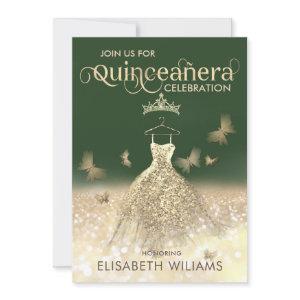 Green Gold glitter dress butterfly  Quinceañera