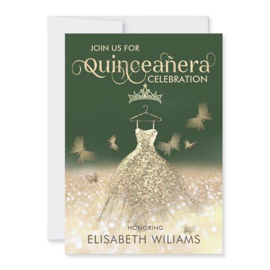 Green Gold glitter dress butterfly  Quinceañera