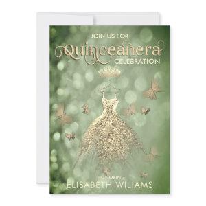 Green Gold glitter dress butterfly  Quinceañera