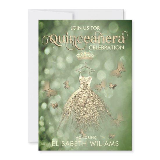 Green Gold glitter dress butterfly  Quinceañera