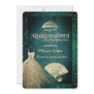 Green Gold glitter dress tiara fan Quinceañera  In