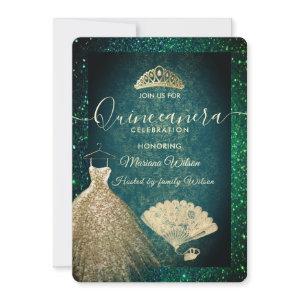Green Gold glitter dress tiara fan Quinceañera