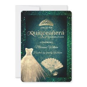 Green Gold glitter dress tiara fan Quinceañera