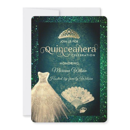 Green Gold glitter dress tiara fan Quinceañera