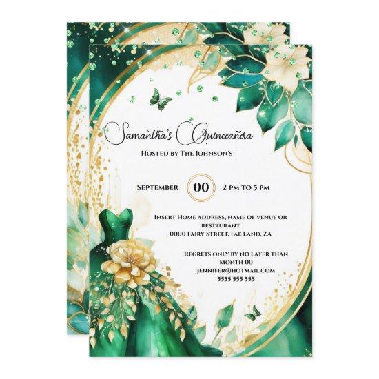 Green gold Quinceañera butterfly flowers floral
