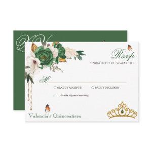 Green Gold Roses Elegant Gold Tiara Quinceanera RSVP Card