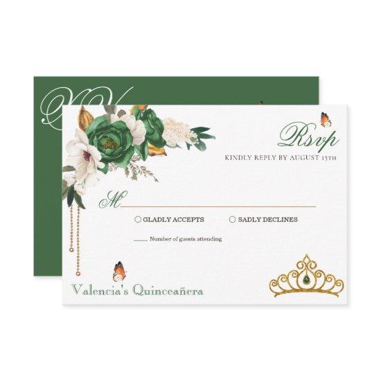 Green Gold Roses Elegant Gold Tiara Quinceanera RSVP Card