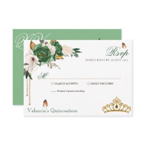 Green Gold Roses Elegant Gold Tiara Quinceanera RSVP Card