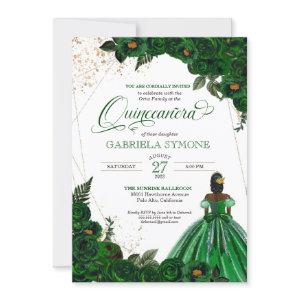 Green Gown Elegant Roses Afrolatina Quinceanera
