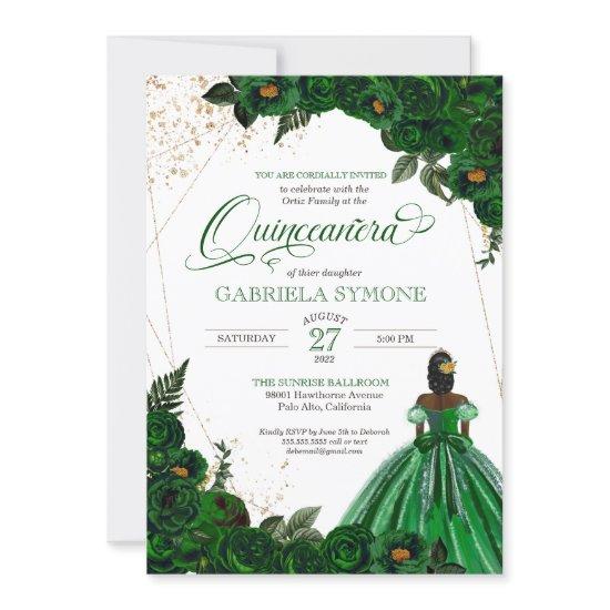 Green Gown Elegant Roses Afrolatina Quinceanera