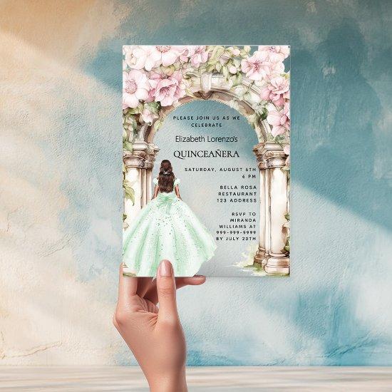 Green pink florals arch dress Quinceanera Acrylic