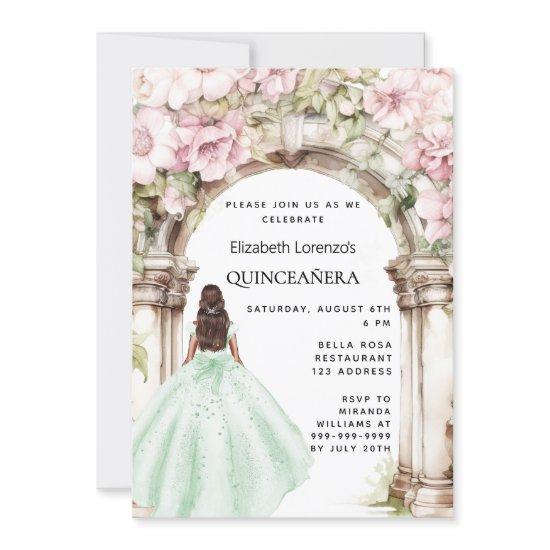 Green pink florals arch dress Quinceanera