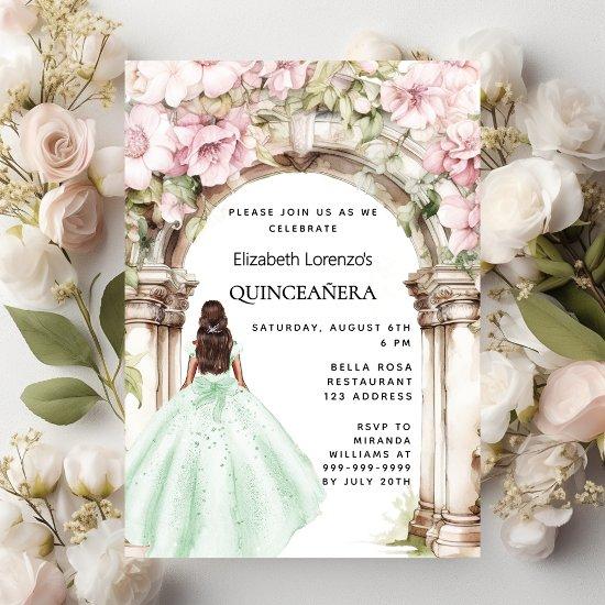 Green pink florals arch dress Quinceanera  Postcard