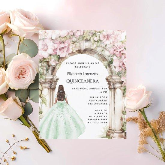 Green pink florals arch Quinceanera