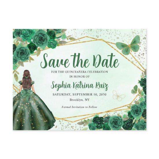 Green Princess Floral Quinceañera Save the Date Postcard