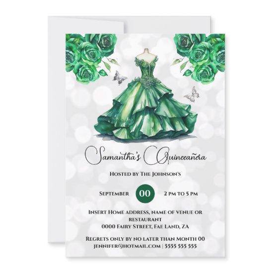 Green princess Quinceañera fantasy ballgown roses