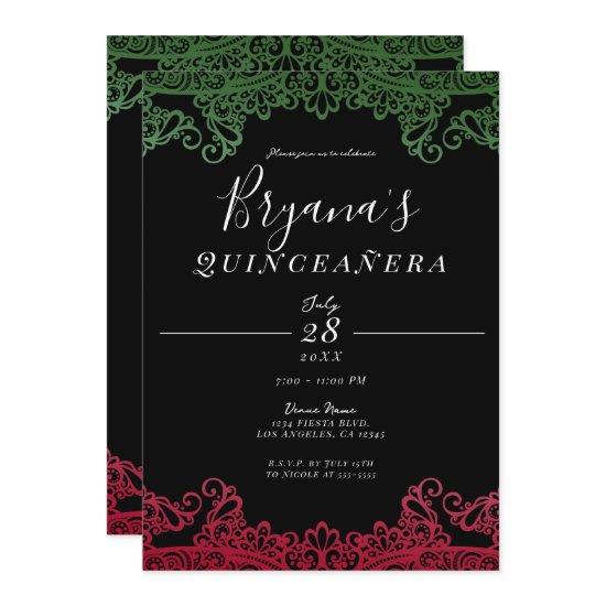 Green & Red Elegant Black 15th Quinceañera Party