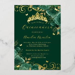 Green Rose Floral Gold Swirl Quinceanera   Foil