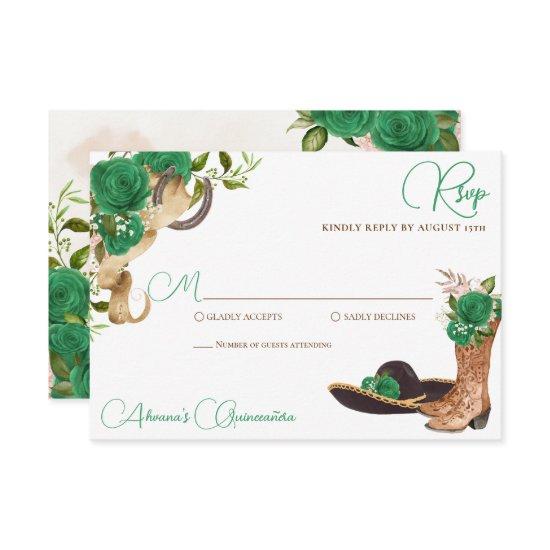Green Rose Rustic Charro Western Quinceanera RSVP Card