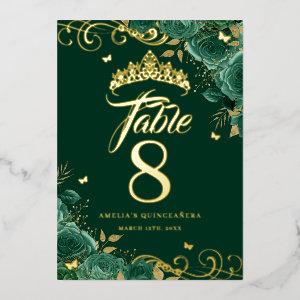 Green Rose Swirl Quinceanera Gold Table Number