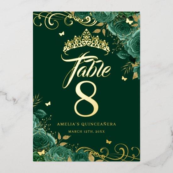 Green Rose Swirl Quinceanera Gold Table Number