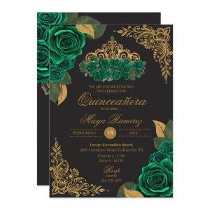Green Roses Black Gold Glitter Tiara Quinceañera