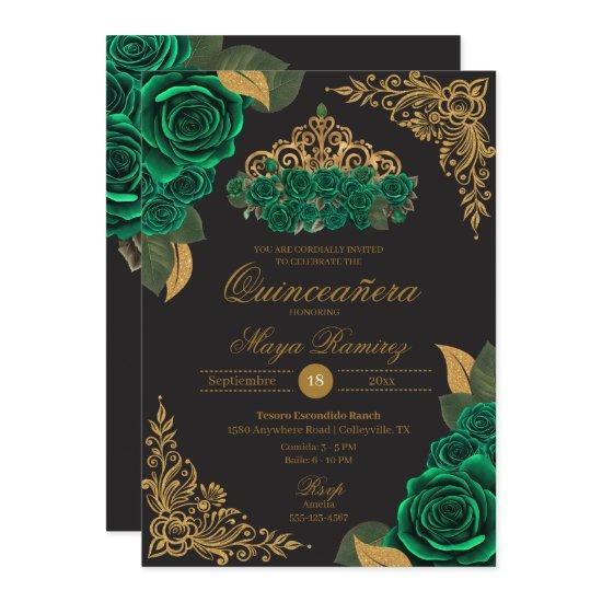 Green Roses Black Gold Glitter Tiara Quinceañera