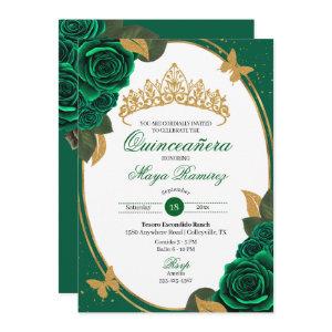 Green Roses Gold Glitter Butterfly Quinceañera