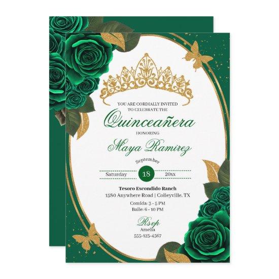 Green Roses Gold Glitter Butterfly Quinceañera