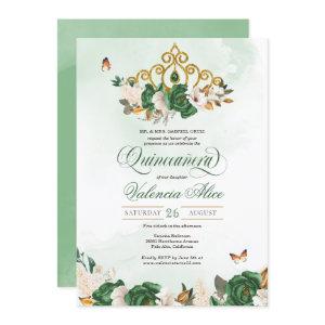 Green Roses Gold Tiara Butterfly Quinceanera