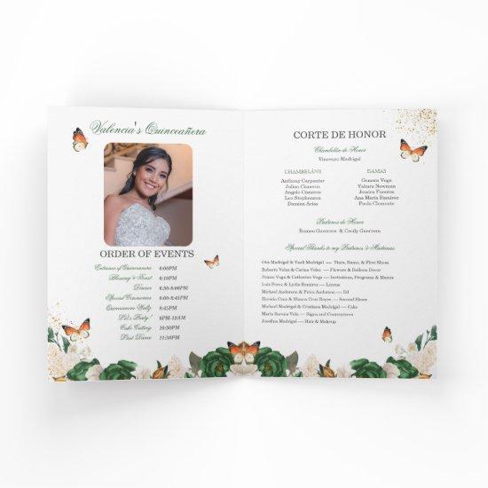 Green Roses Gold Tiara Butterfly Quinceanera Program